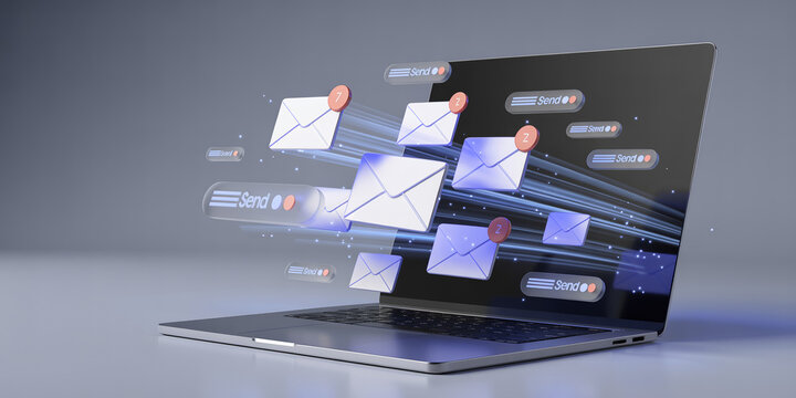 Laptop screen with flying 3D envelopes and light trails representing fast email delivery and newsletter campaigns
