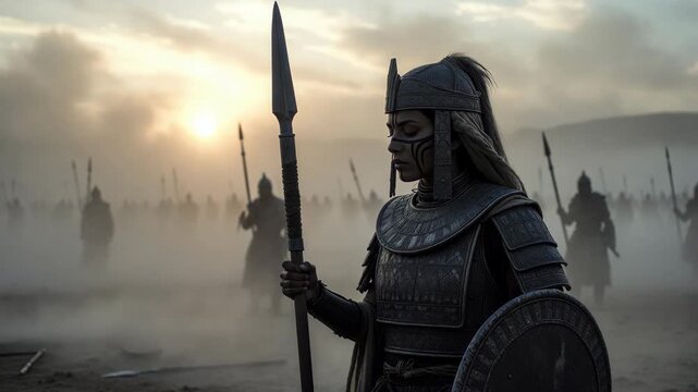 Armored warrior with spear in foggy battlefield, realistic style, at dawn, concept of strength and ancient warfare