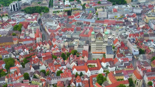 Aerial view of the old town and city Augsburg in Germany, Bavaria on a sunny spring day
