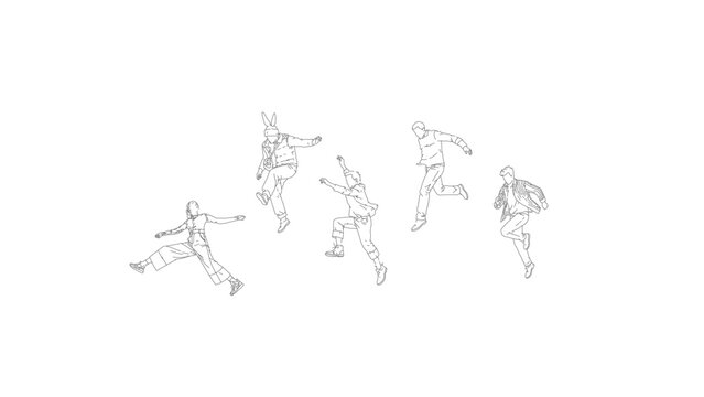 Jumping people action illustration set with energetic dance, street movement, freestyle poses, and dynamic airborne gestures in clean minimal line drawing style
