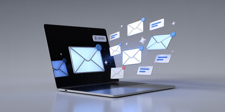 3D render of laptop displaying unread email notifications and blue envelope icons floating from screen
