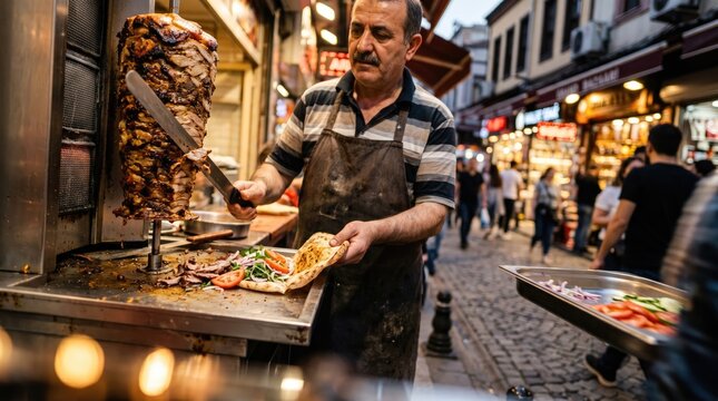 Street vendor preparing a d&ouml;ner kebab on a busy street