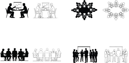 Fototapeta premium Business meeting icon set, corporate teamwork and office discussion silhouettes