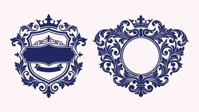 Royal heraldic shield and floral frame set with crowns and decorative vintage ornaments.