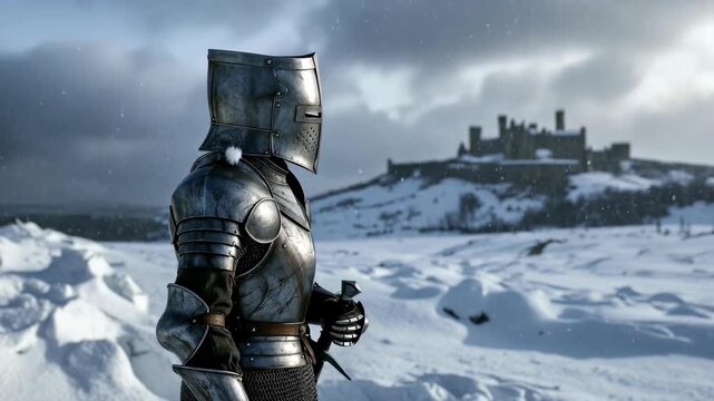 Armored warrior in winter landscape in realistic style on snowy field background, concept of medieval solitude