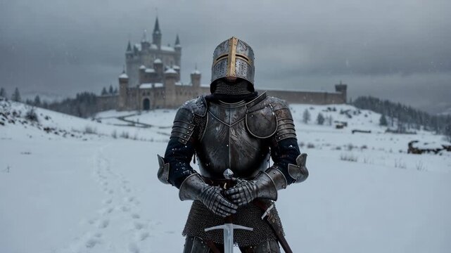 Medieval armored knight holding sword in realistic style on snowy background, concept of bravery and courage