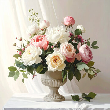 Elegant floral arrangement of peonies and roses in urn