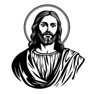 A reverent portrait depicts Jesus Christ, his compassionate gaze and flowing robes rendered in a classic, artistic style. vector illustration