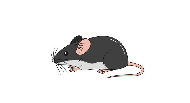 Cute black mouse rodent cartoon character profile view on white background, simple illustration for design element or educational material