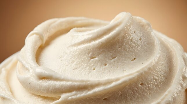 Close up of a swirl of creamy white whipped cream on a blurred brown background
