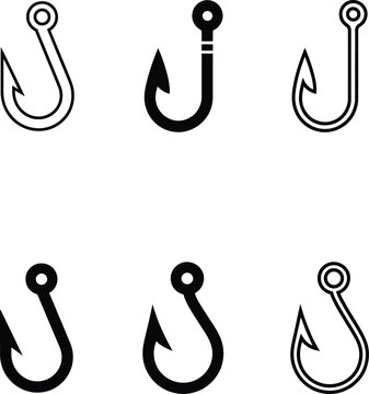 Fishing hook icon set, metal fishhook vector symbols in line and flat style