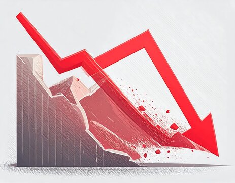 An illustration depicting a declining trend. A red arrow dramatically points downward toward a crumbling structure