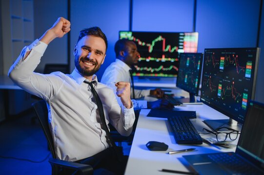 Holding Dollar bills in the stock market. Investor counting money after making it big on the stock market