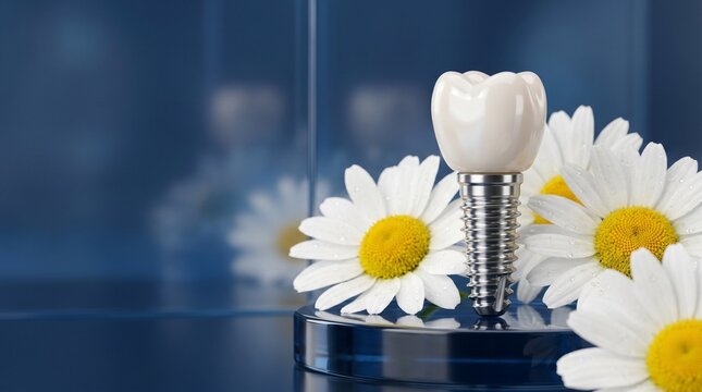 Premium tooth implant on reflective glass podium surrounded by daisy flowers. Dentistry clinic banner template with empty space for text