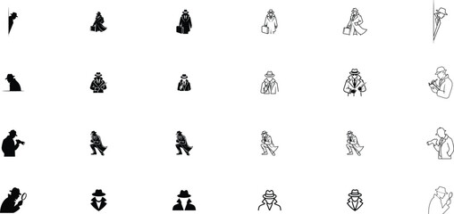 Fototapeta premium Detective and spy silhouette icon set, investigation symbols in line and flat style