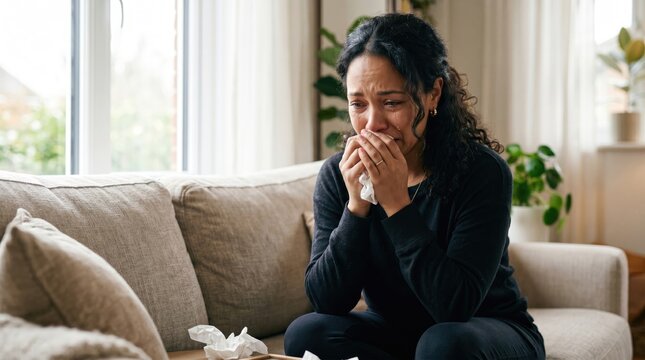 Woman crying into tissues while sitting on a sofa