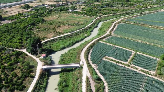 Aerial drone view of Rio Segura flowing through fertile agricultural lands in Murcia Spain showing green crop fields irrigation channels small bridge rural paths and lush vegetation under sunlight