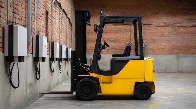 Industrial electric forklift charging at a modern station in a warehouse or factory setting, ready for material handling and logistics operations