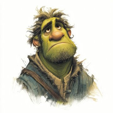 Curious, hesitant ogre figure on clean white surface, fantasy character study