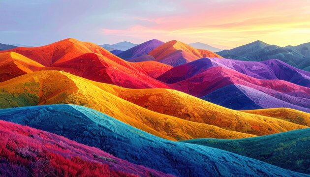 Abstract illustration of colorful mountains and a vibrant sky at sunset