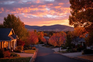 Obraz premium Calm fall evening in the suburbs as sunset bathes the neighborhood in amber