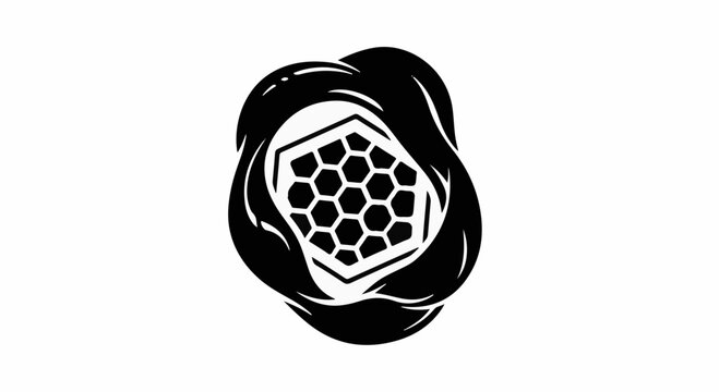 Abstract black swirling liquid forming a frame around a honeycomb pattern