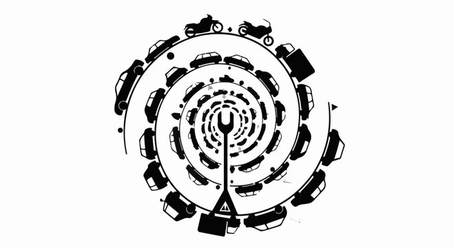 Endless spiral of traffic congestion, representing urban chaos and environmental concerns.
