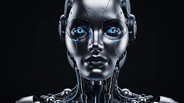 Close up of a metallic robotic humanoid face with glowing blue eyes