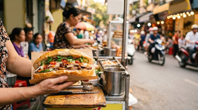 Person holding a delicious banh mi sandwich from a street food stall in Vietnam