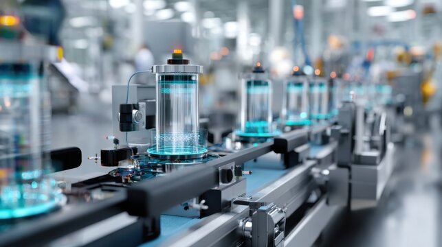 Sterile vaccine vials moving along conveyor in hightech pharmaceutical plant with glass containers and blue stoppers, automated filling heads, precision inspection cameras, stainless steel rails