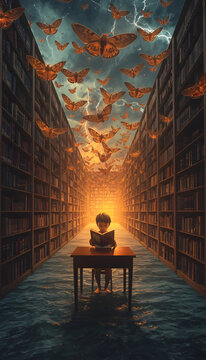 A photorealistic fever dream &mdash; an infinite library stretching in 
all directions simultaneously, the floor is a calm ocean at sunset, 
the ceiling is a violent thunderstorm frozen mid-lightning-strike