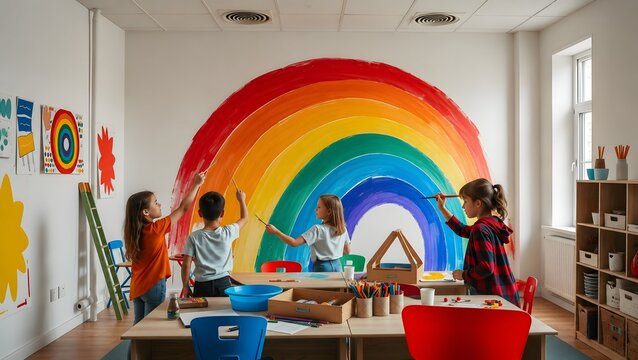 children painting a rainbow mural in a playroom