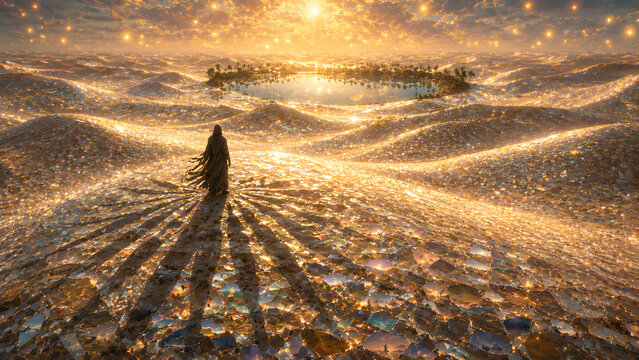 Surreal Desert Where Sand Is Made of Broken Mirror Fragments Infinite Reflections Fantasy Landscape