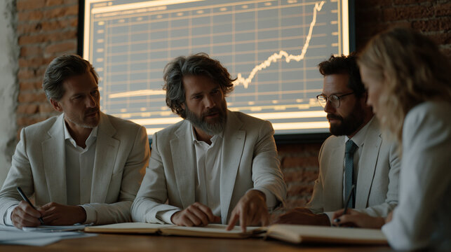 Team of three auditors in identical blazers hunched around a projector-lit wall displaying a scrolling KPI metric dashboard inside a converted factory office, one pointing to an outlier figure while