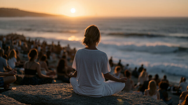 Summer solstice sunrise yoga gathering on coastal cliff above crashing waves, wellness retreat, seasonal celebration, outdoor mindfulness, group fitness, nature immersion, morning ritual .ultra phot
