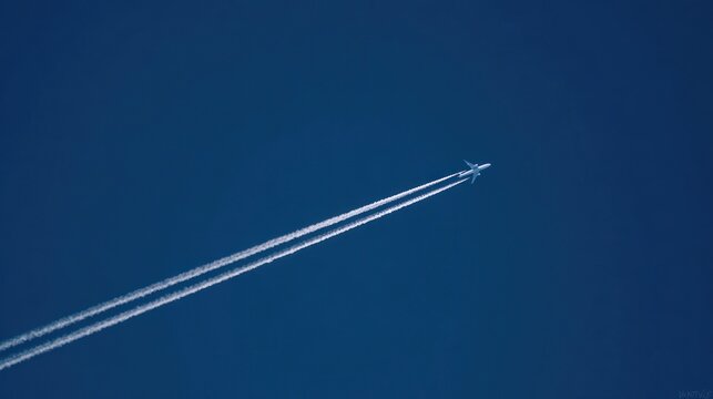 Airplane flying high in blue sky with visible contrails leaving behind in clear weather