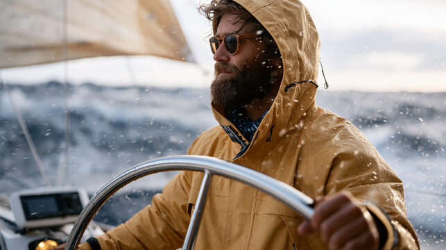 Solo ocean sailor in foul weather jacket gripping stainless wheel during Atlantic crossing, spray-soaked cockpit, autopilot display glowing, storm jib deployed forward, offshore passage making, blue