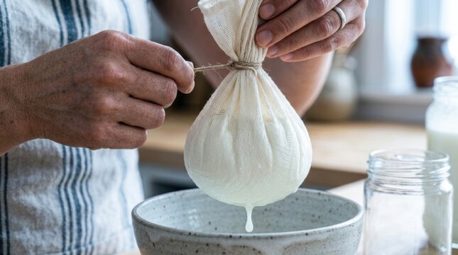 Person straining liquid through cheesecloth into bowl in bright kitchen setting
