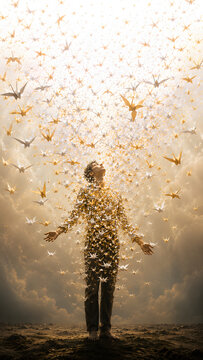 Surreal Human Figure Dissolving Into Flock of Birds Freedom Transformation Vertical Portrait Concept