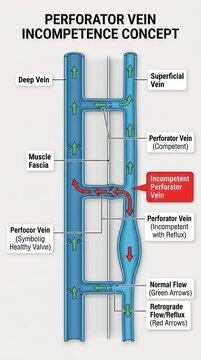 Perforator vein incompetence concept diagram illustrating blood flow and valve function