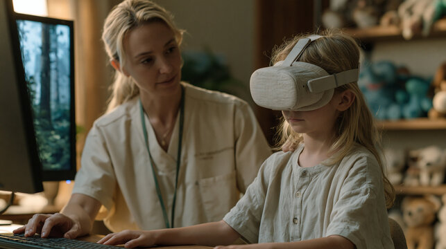 Pediatric occupational therapist guides a child with sensory processing differences through a VR therapy exposure session, the child wearing a soft child-sized headset, a calming virtual forest visi