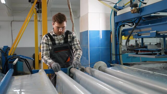 Factory worker operating polyethylene production machine line