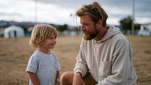 Father kneeling beside child in rare metabolic disorder advocacy walk event field, child wearing medical ID bracelet, sparse park setting with overcast sky, family caregiving experience for rare ped