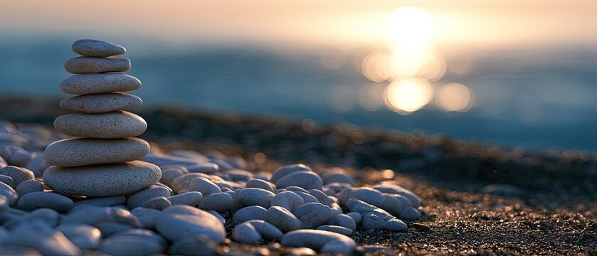 Stacked stones on a sandy beach at sunset with ocean bokeh in background