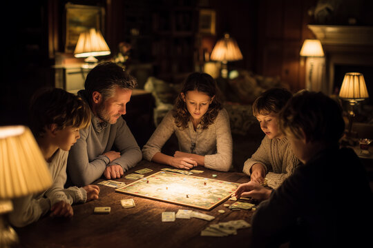 Familia jugando a un juego de mesa en casa: concepto de calidez, pertenencia y tiempo de calidad.