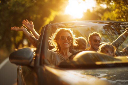 Grupo de amigos disfrutando de un paseo soleado en un descapotable, expresando libertad, alegr&iacute;a, movimiento, aventura y un estilo de vida al aire libre. Personas viajando en un descapotable
