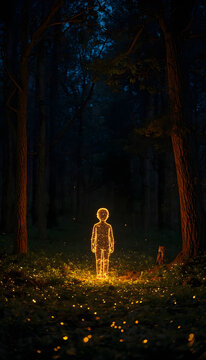 Surreal Child Made of Starlight Standing in Dark Forest Wonder and Magic Children's Concept Art