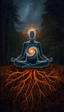 Surreal Meditating Figure Made of Roots and Stars Ancient Wisdom Spiritual Vertical Portrait Concept