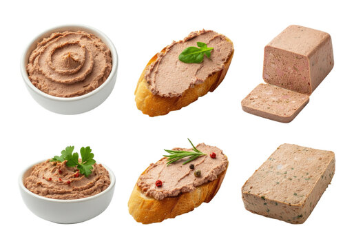 Assortment of p&acirc;t&eacute; spreads and slices presented on baguette slices and in bowls, garnished with herbs and peppercorns