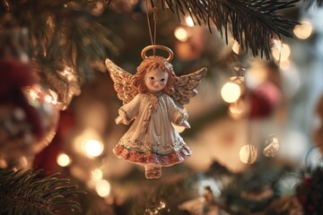 Fototapeta premium Close-up of a delicate Christmas angel ornament on a tree with warm twinkling lights